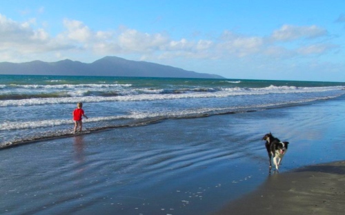 A view of the beach at Raumati South, looking north-west towards Kapiti Island